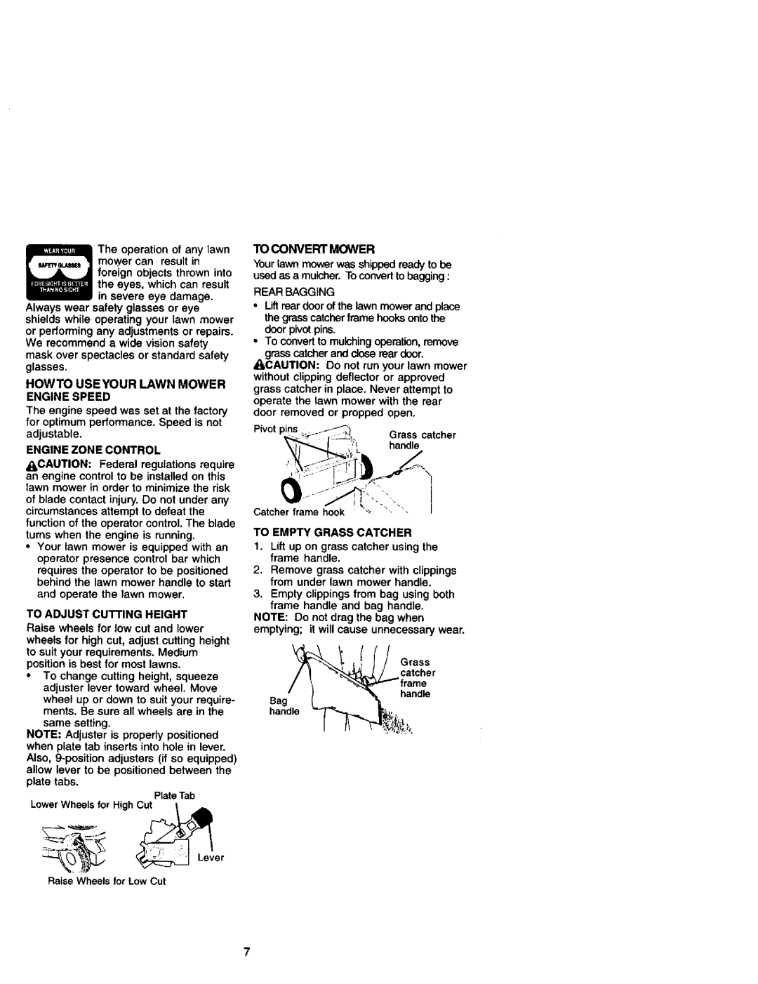 Craftsman 917.38862 owner manual Howto Useyour Lawn Mower Engine Speed, Engine Zone Control, To Convert Mower, Rear Bagging 