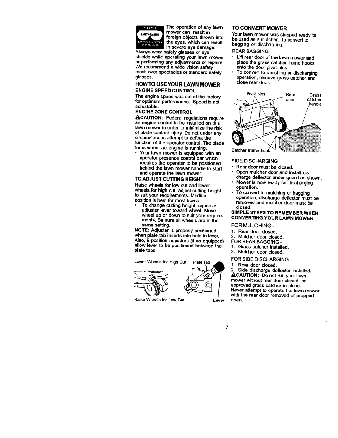 Craftsman 917.388732 Howto Useyour Lawn Mower Engine Speed Control, Engine Zone Control, To Convert Mower, Rear Bagging 