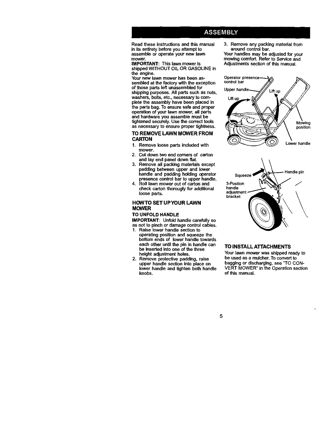 Craftsman 917.388732 owner manual the engine, To Remove Lawn Mower From Carton 