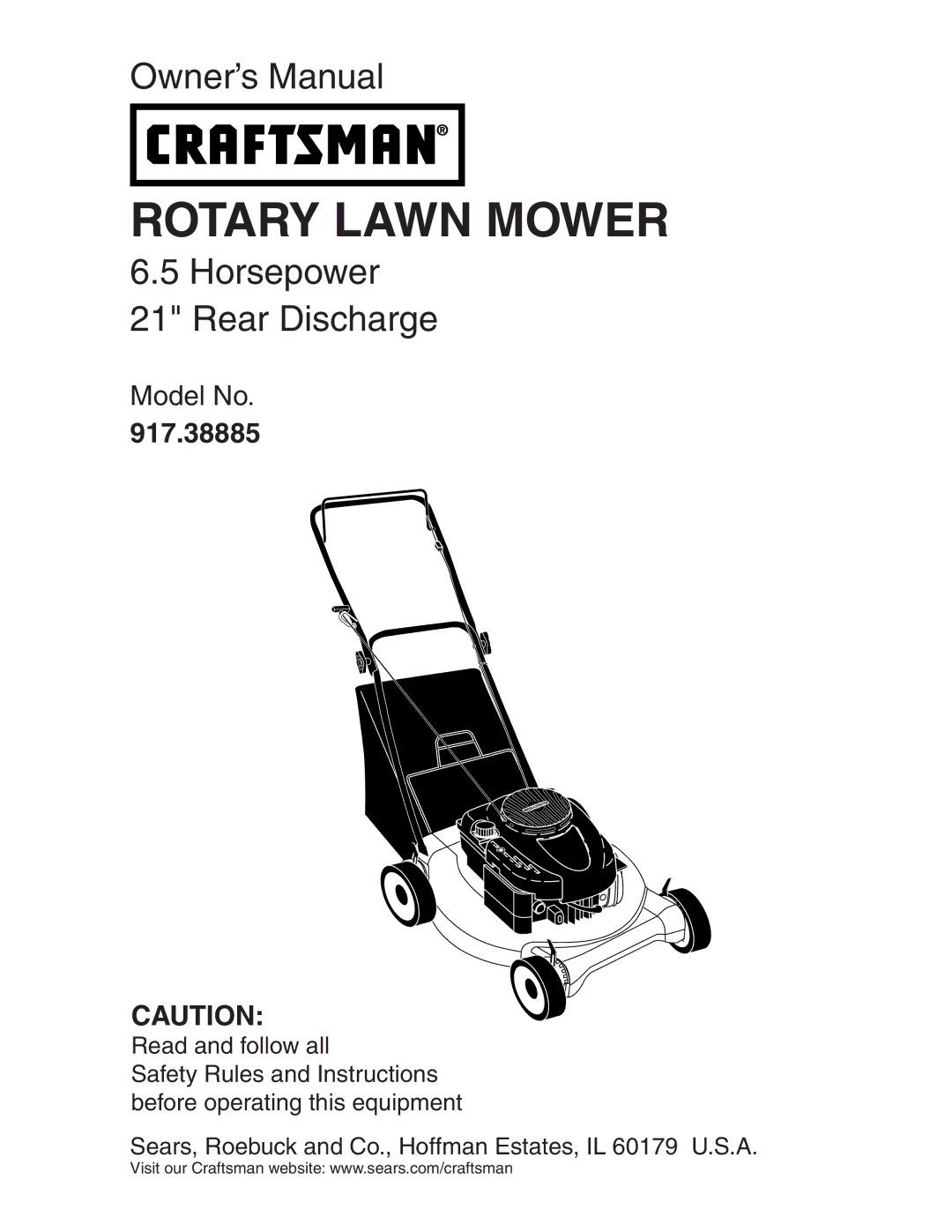 Craftsman 917.38885 owner manual Rotary Lawn Mower 