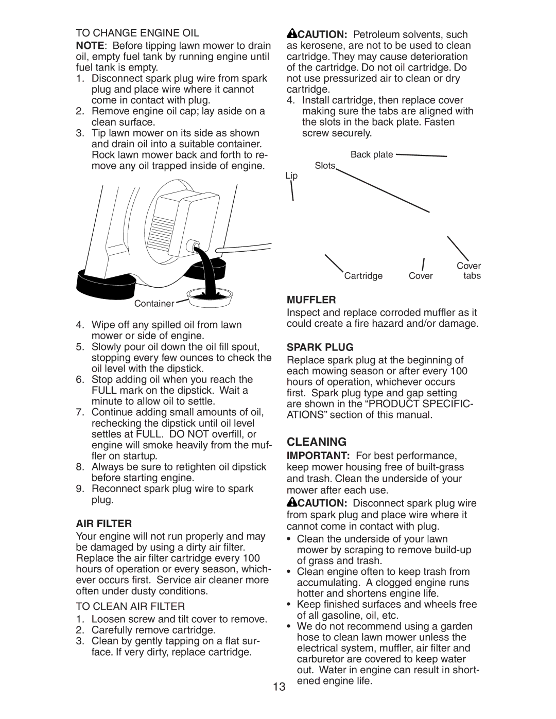 Craftsman 917.38885 owner manual Cleaning, AIR Filter, Muffler, Spark Plug 