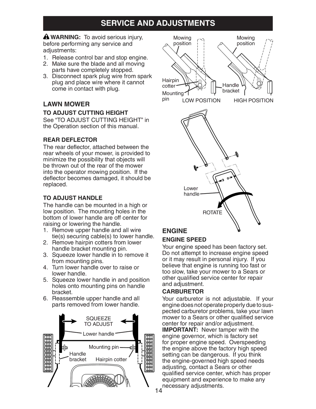 Craftsman 917.38885 owner manual Service and Adjustments, Rear Deflector, To Adjust Handle, Carburetor 