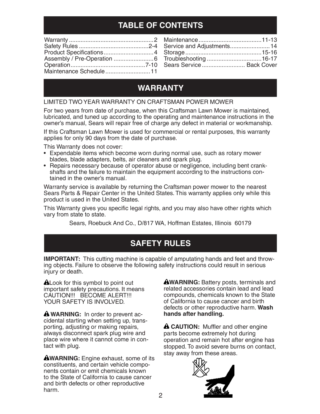 Craftsman 917.38885 owner manual Table of Contents, Warranty, Safety Rules 