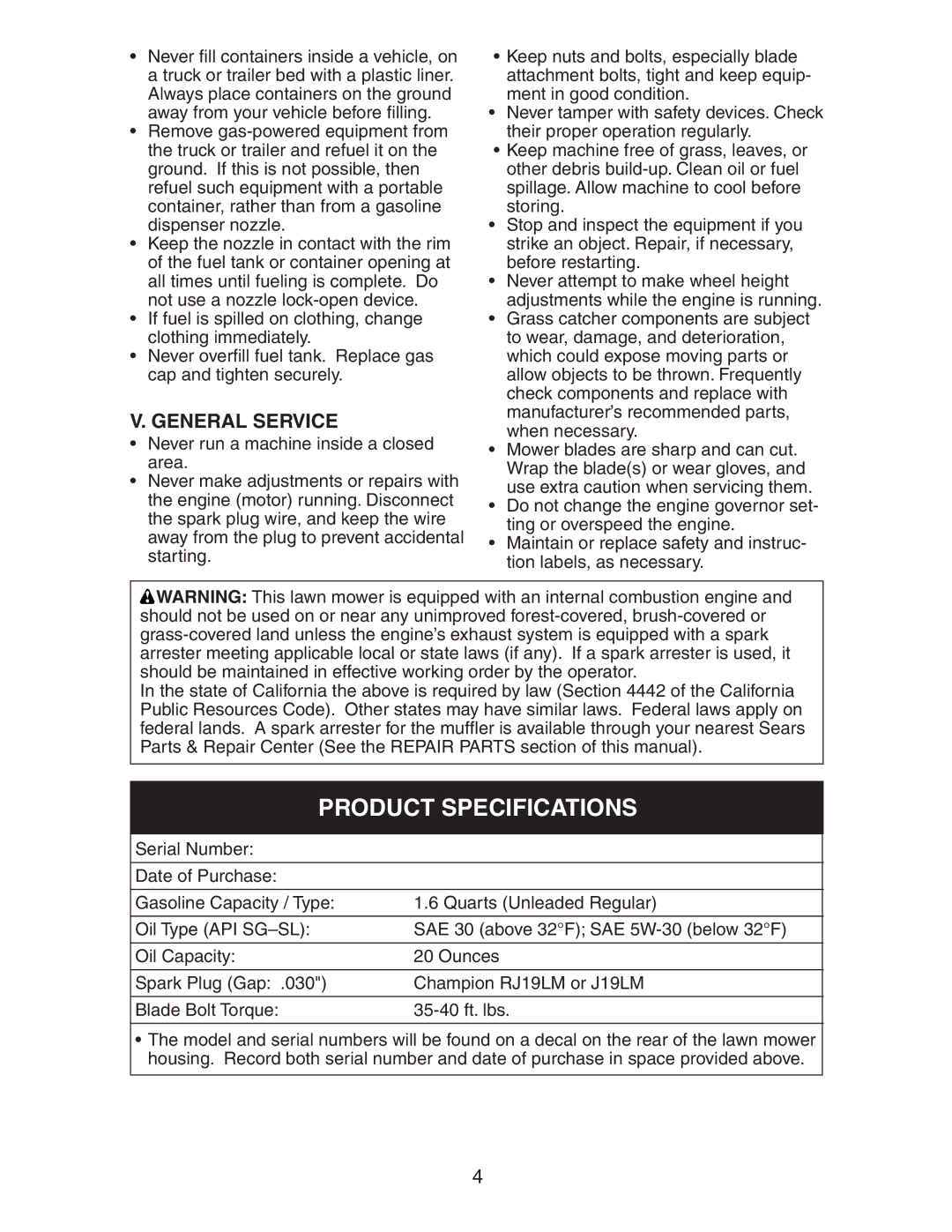 Craftsman 917.38885 owner manual Product Specifications, General Service 