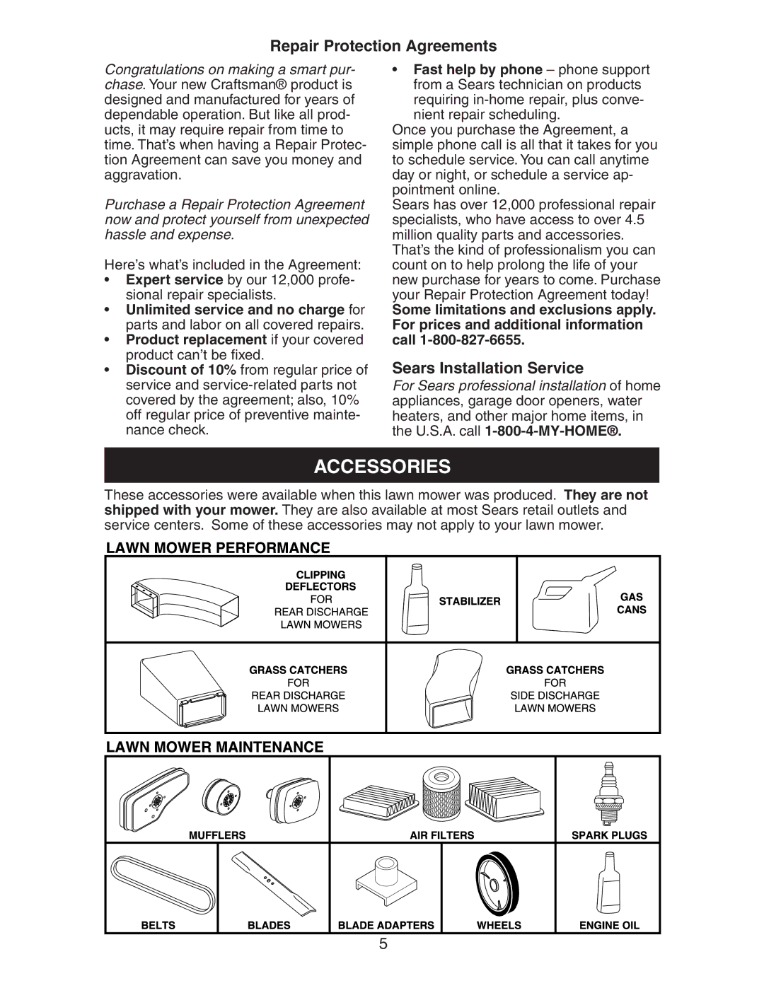 Craftsman 917.38885 owner manual Accessories, Repair Protection Agreements 