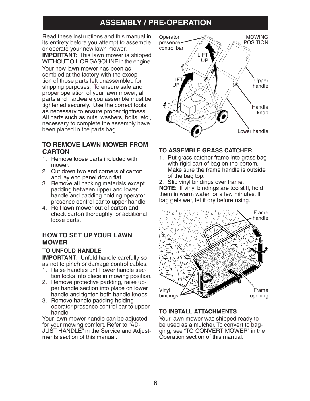 Craftsman 917.38885 owner manual Assembly / PRE-OPERATION, To Remove Lawn Mower from Carton, HOW to SET UP Your Lawn Mower 