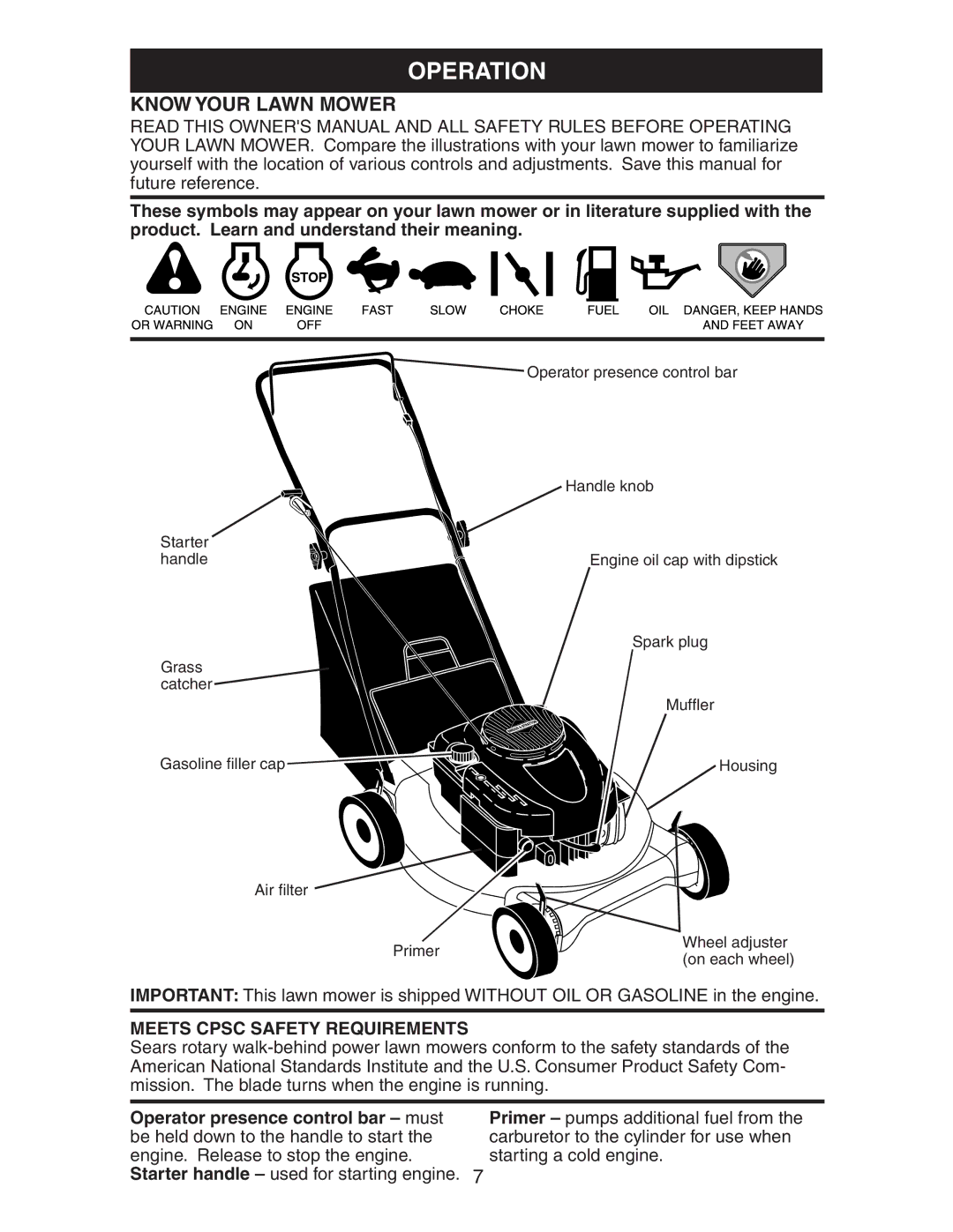 Craftsman 917.38885 owner manual Operation, Know Your Lawn Mower, Meets Cpsc Safety Requirements 