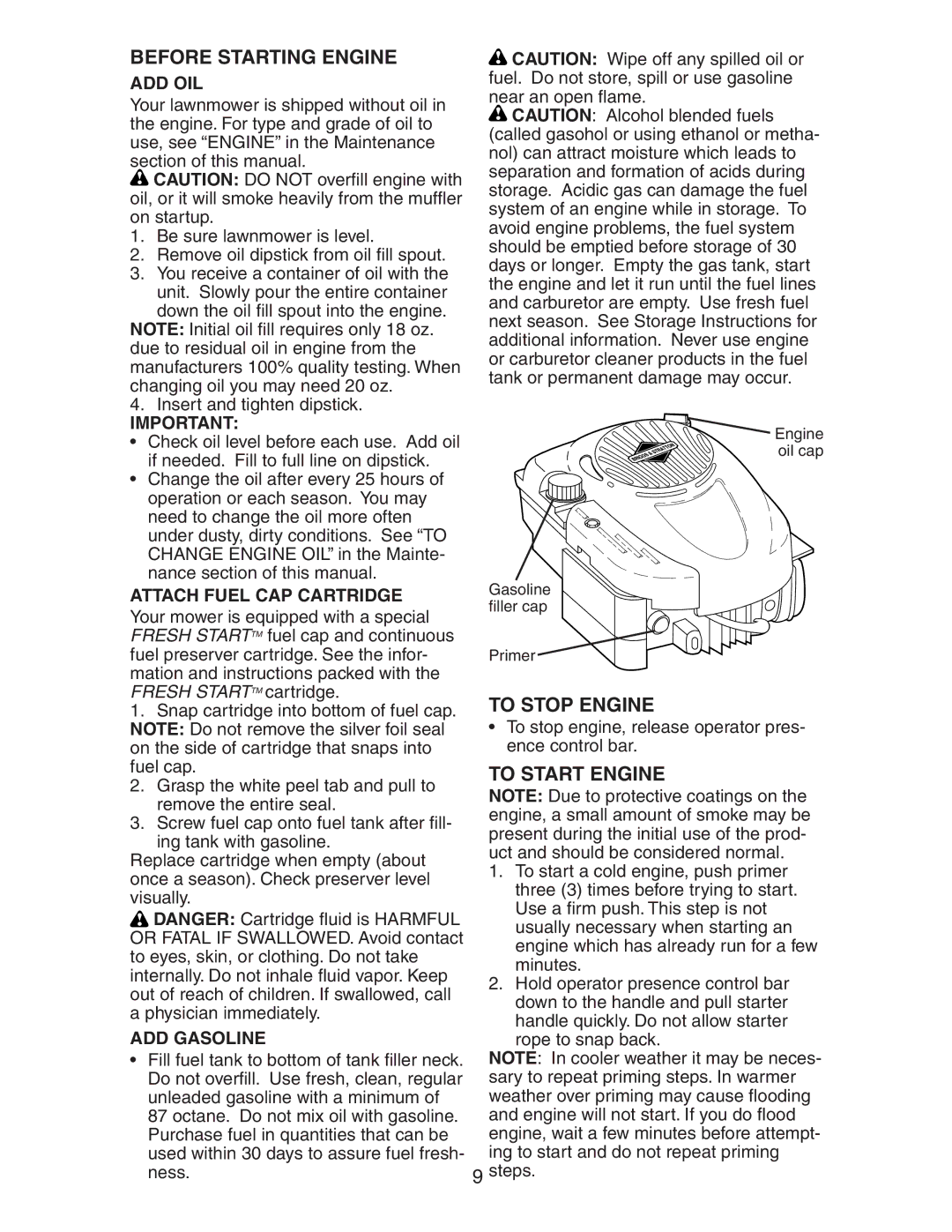 Craftsman 917.38885 owner manual Before Starting Engine, To Stop Engine, To Start Engine 