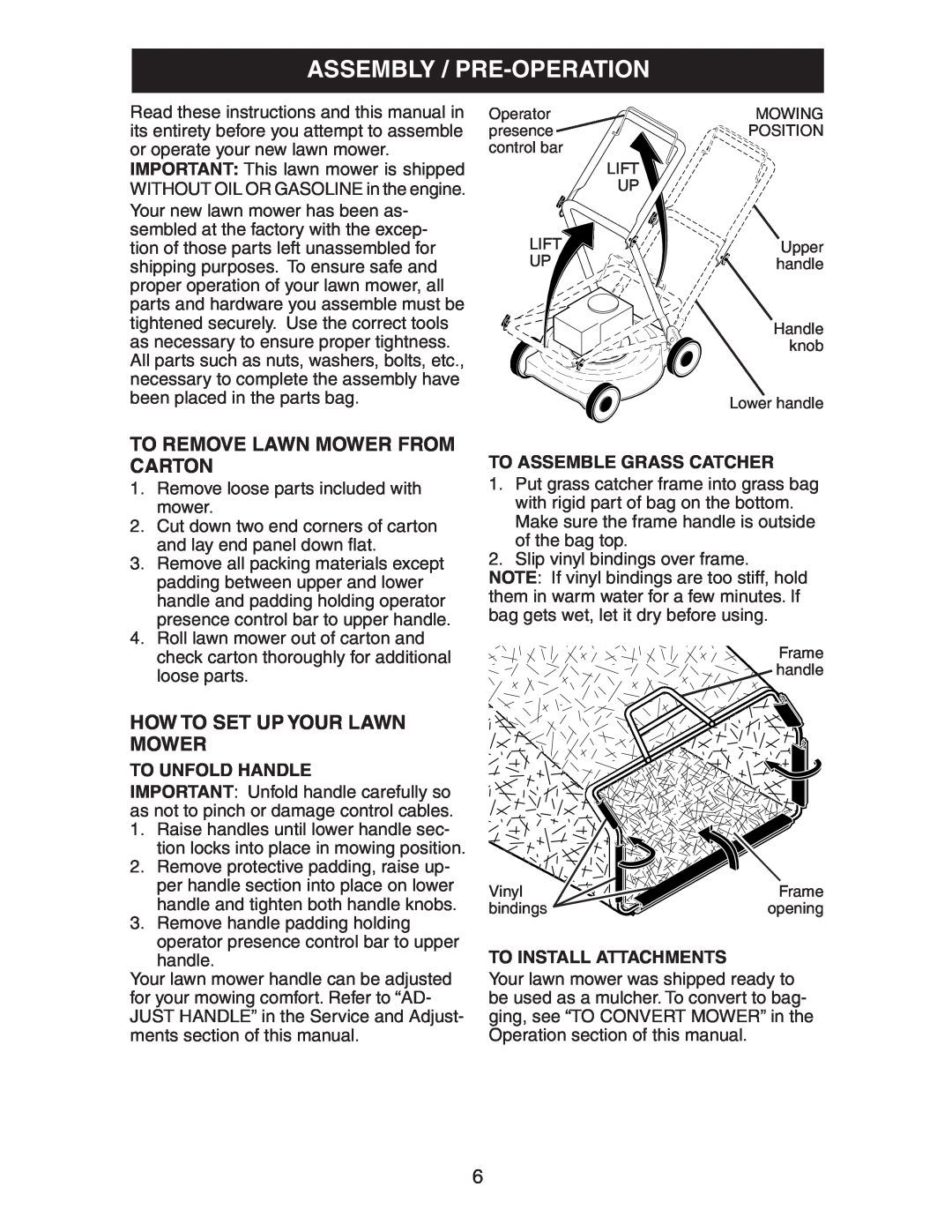 Craftsman 917.38885 owner manual Assembly / Pre-Operation, To Remove Lawn Mower From Carton, How To Set Up Your Lawn Mower 