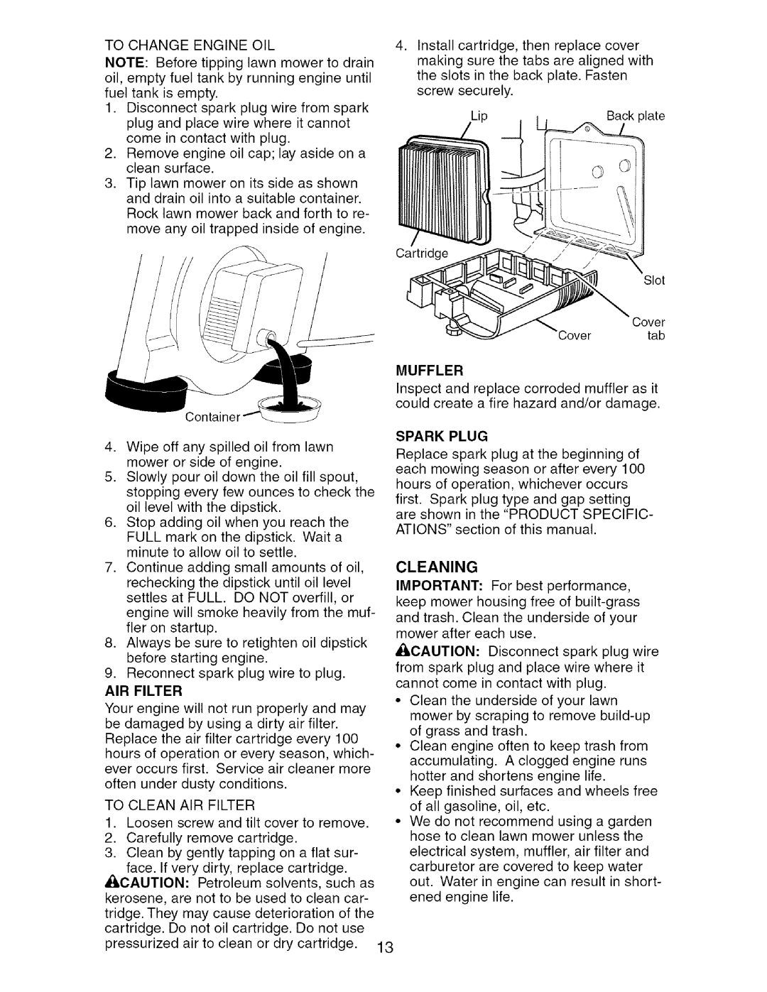 Craftsman 917.388981 owner manual Muffler, Spark Plug, Cleaning 