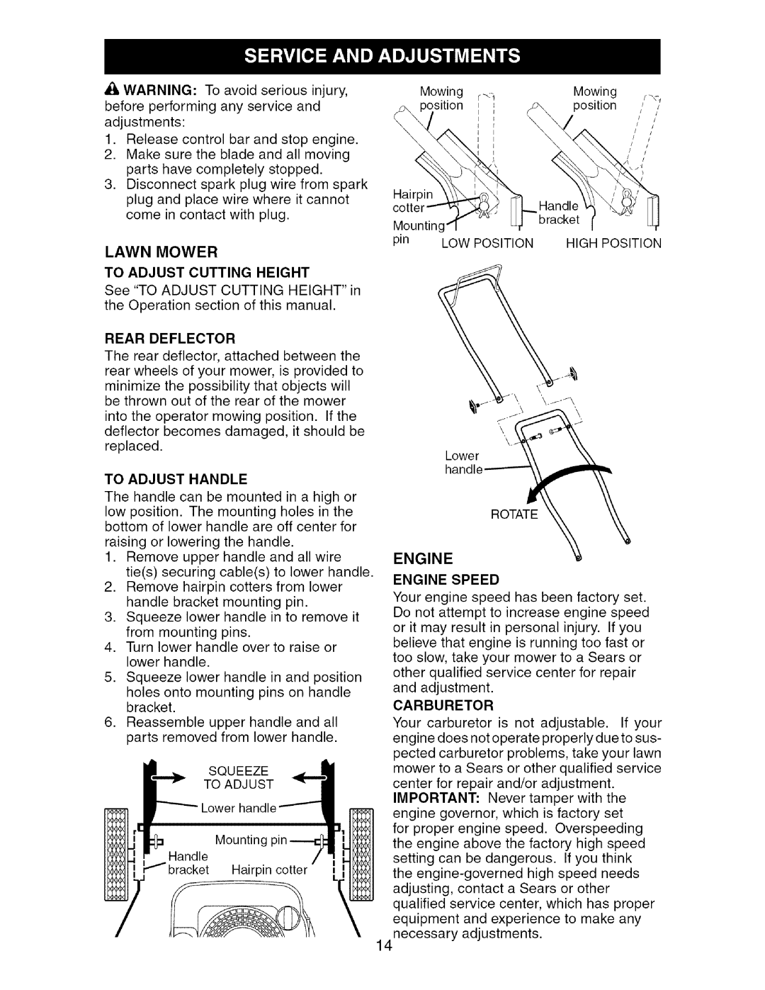 Craftsman 917.388981 owner manual Lawn Mower To Adjust Cutting Height, To Adjust Handle 