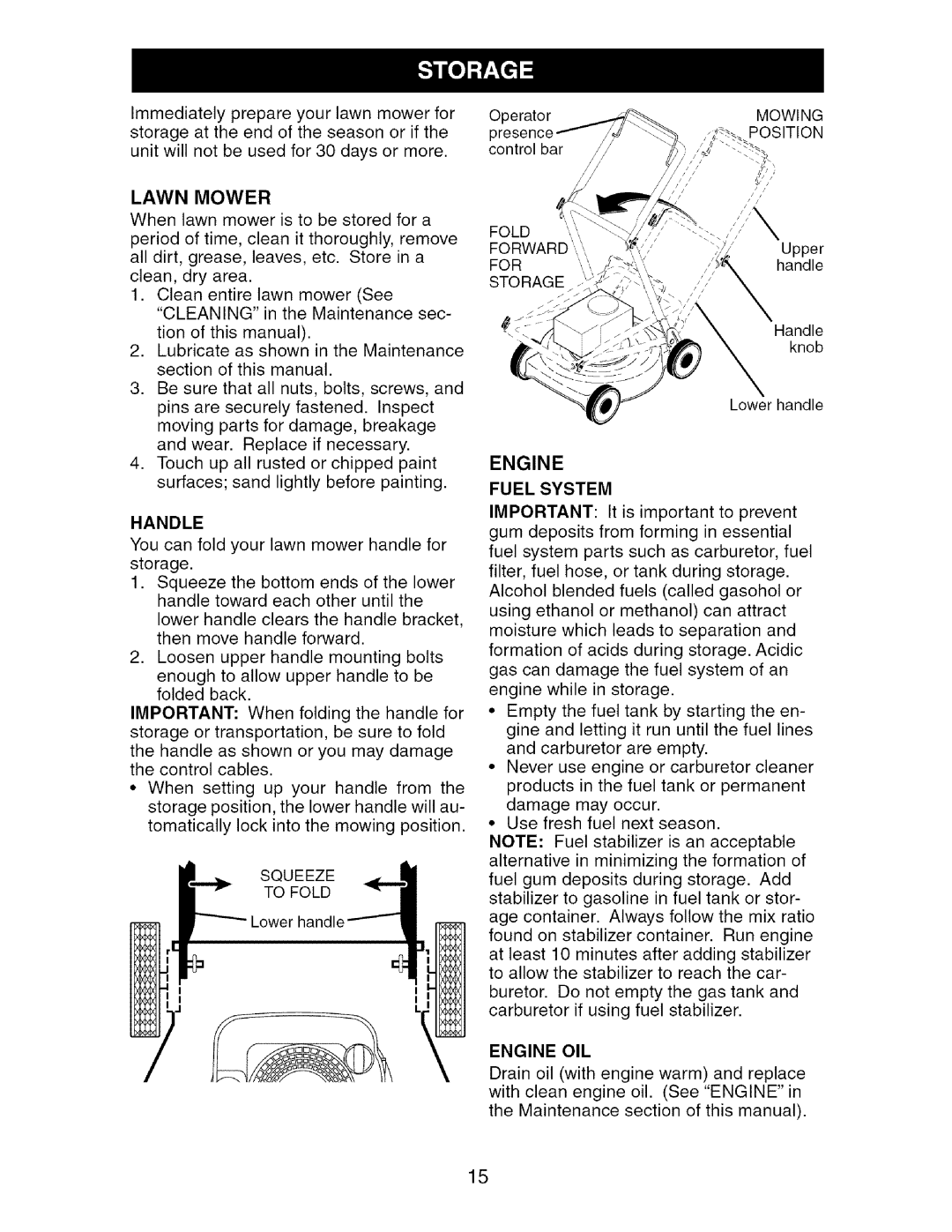 Craftsman 917.388981 owner manual Handle, Squeeze To Fold, Fuel System, Engine OIL 