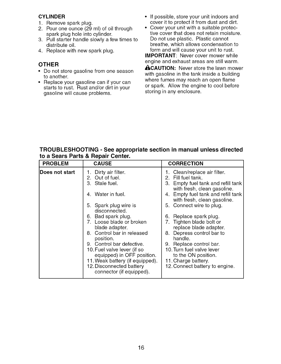 Craftsman 917.388981 owner manual Cylinder, Other, Does not start, Correction, Off 