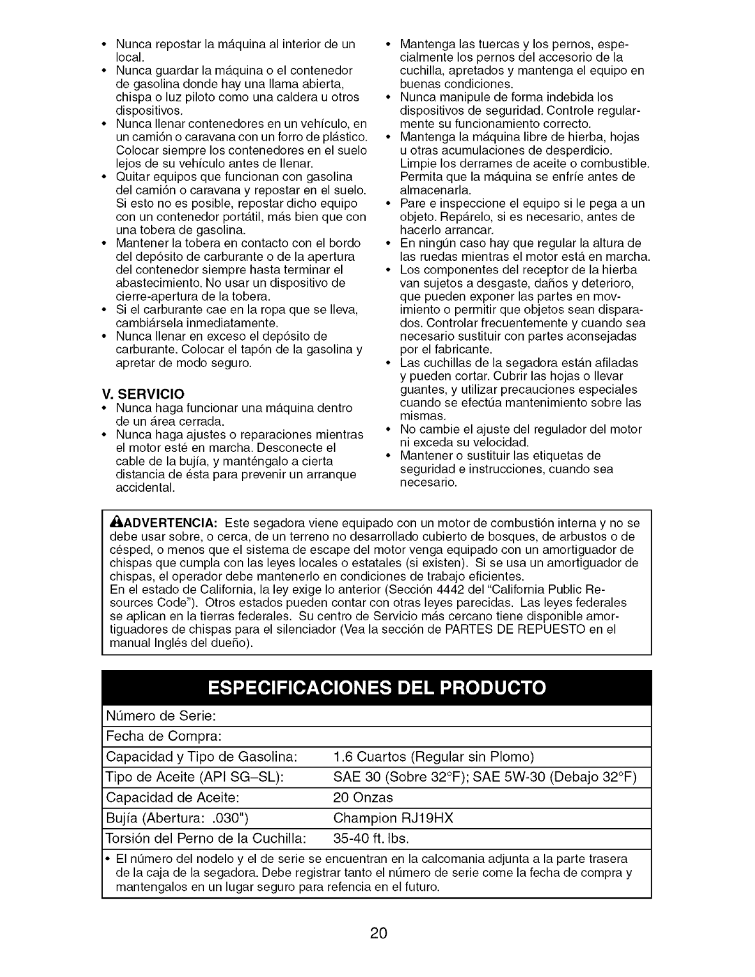 Craftsman 917.388981 owner manual Servicio, Sg-Sl Sae 