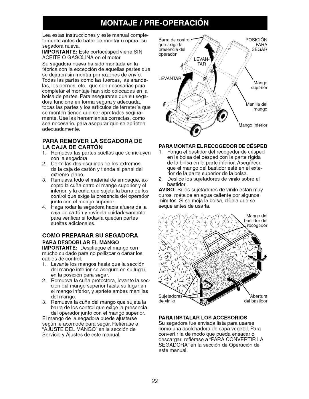 Craftsman 917.388981 Para Remover LA Segadora DE LA Caja DE Carton, Como Preparar SU Segadora Para Desdoblar EL Mango 