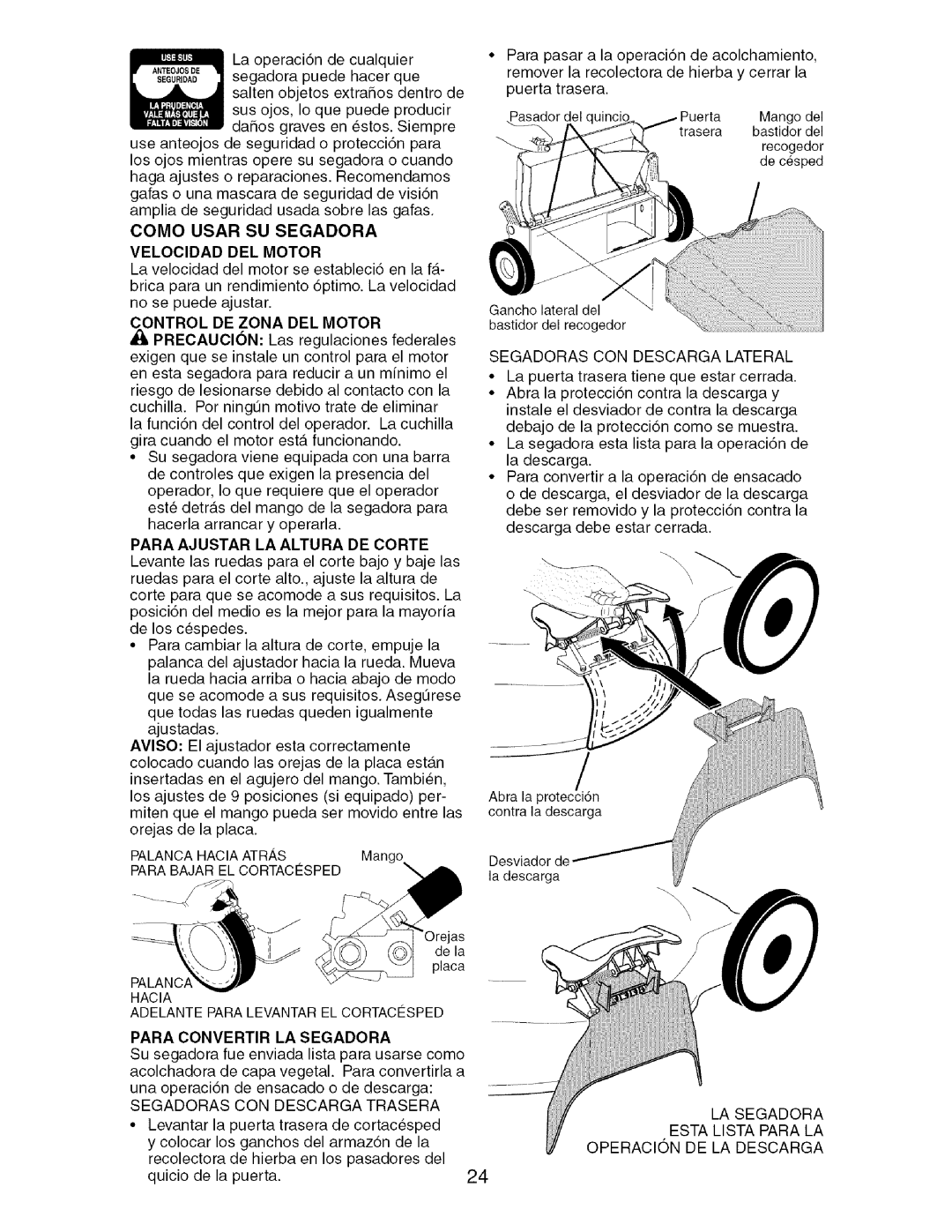 Craftsman 917.388981 Como Usar SU Segadora Velocidad DEL Motor, Control DE Zona DEL Motor, Para Ajustar LA Altura DE Corte 