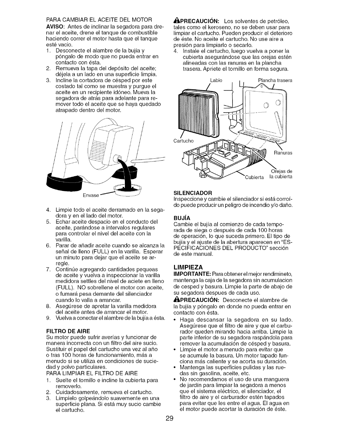 Craftsman 917.388981 owner manual Para Limpiar EL Filtro DE Aire, BUJiA, Limpieza 