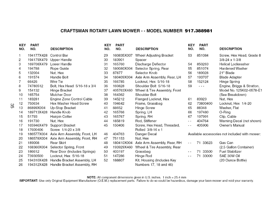 Craftsman 917.388981 owner manual SAE 30W 