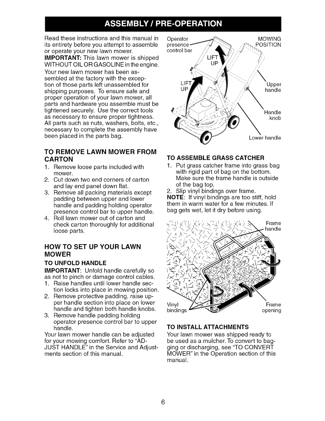 Craftsman 917.388981 To Remove Lawn Mower from Carton, To Assemble Grass Catcher, To Unfold Handle, To Install Attachments 