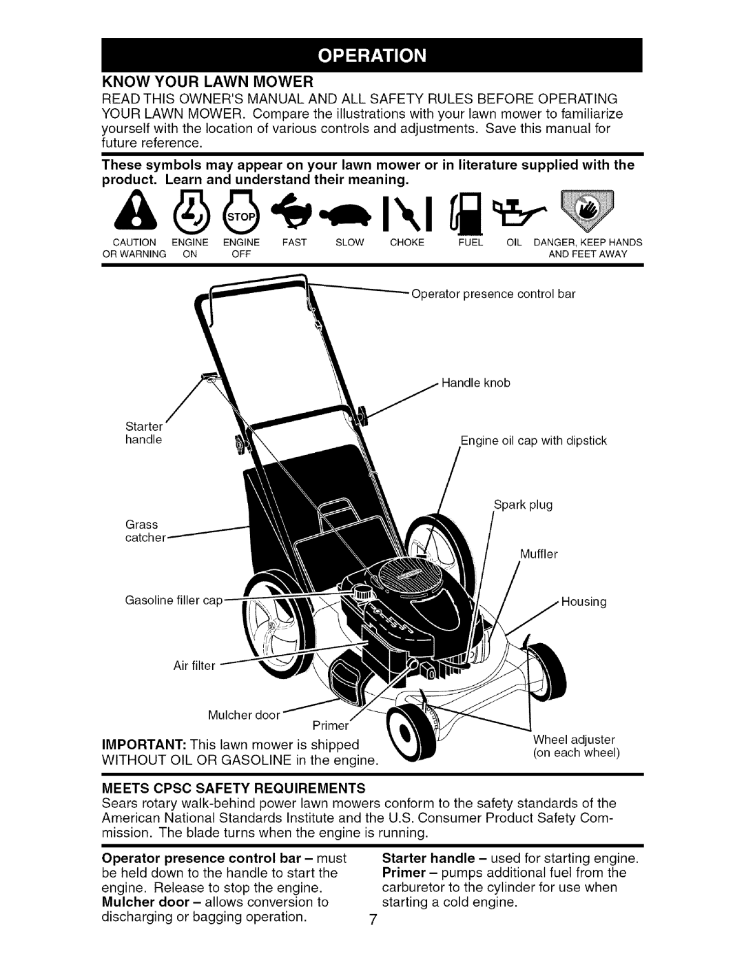 Craftsman 917.388981 owner manual Know Your Lawn Mower, Meets Cpsc Safety Requirements 