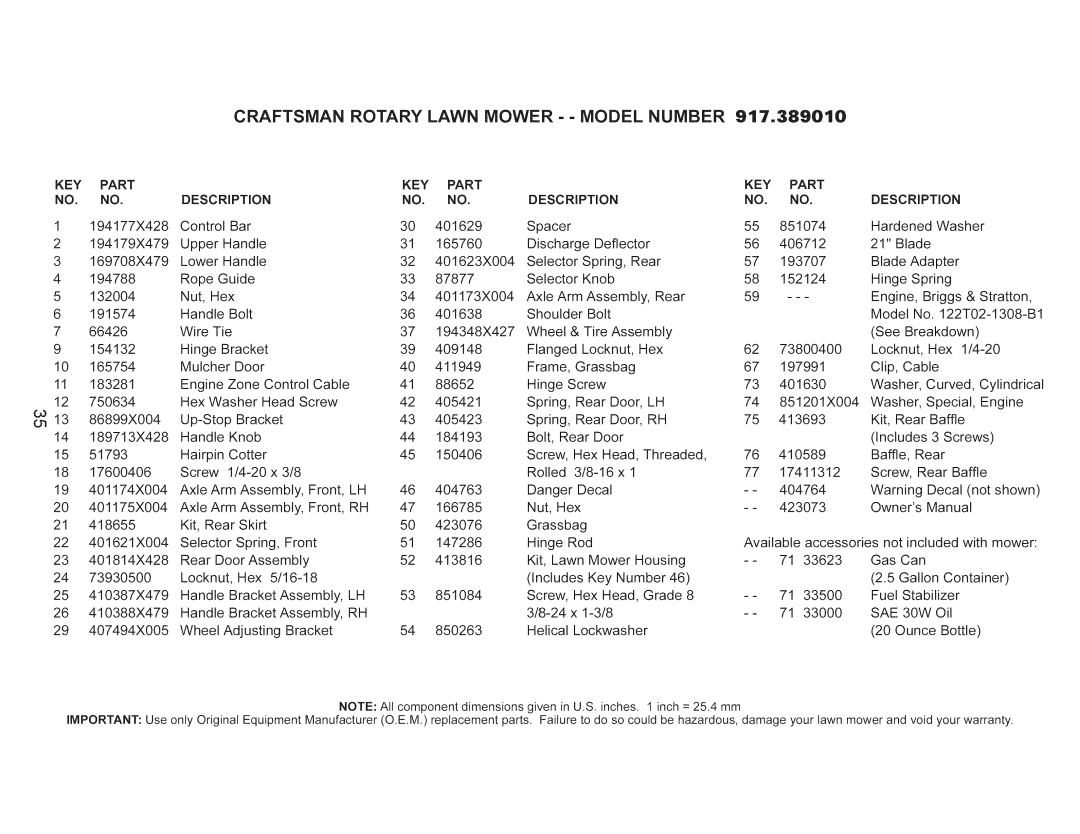 Craftsman 917.389010 manual Part, Key, Description, SAE 30W 