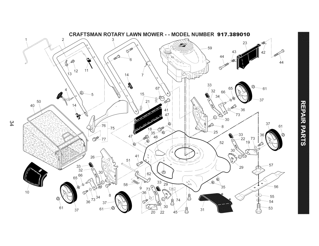 Craftsman 917.389010 manual Craftsman Rotary Lawn Mower - - Model Number, 03 4_ 73 19 