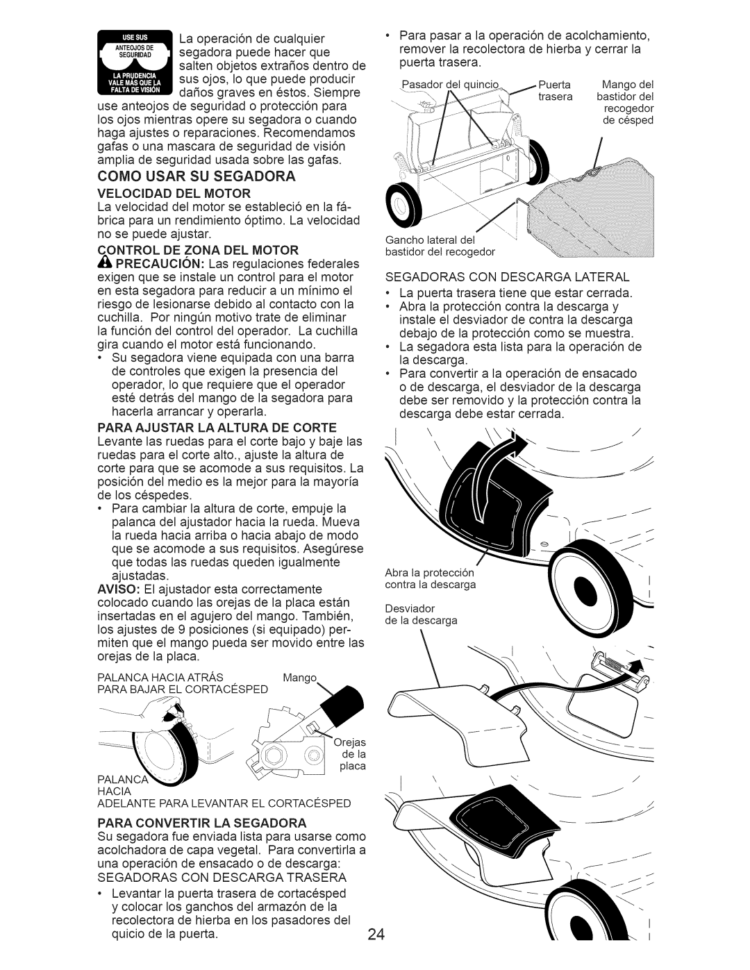 Craftsman 917.389052 owner manual Como Usar SU Segadora, Velocidad DEL Motor, Segadoras CON Descarga Lateral 