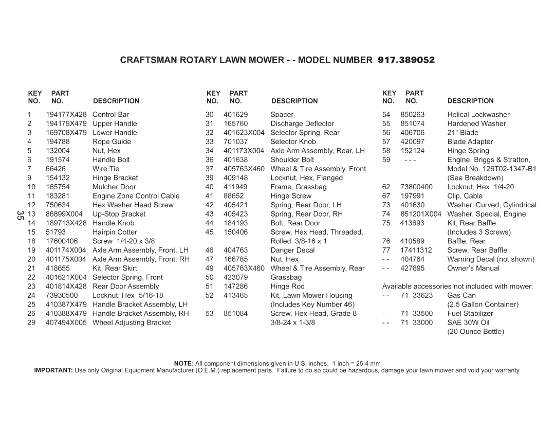 Craftsman 917.389052 owner manual Key, Description, SAE 30W 