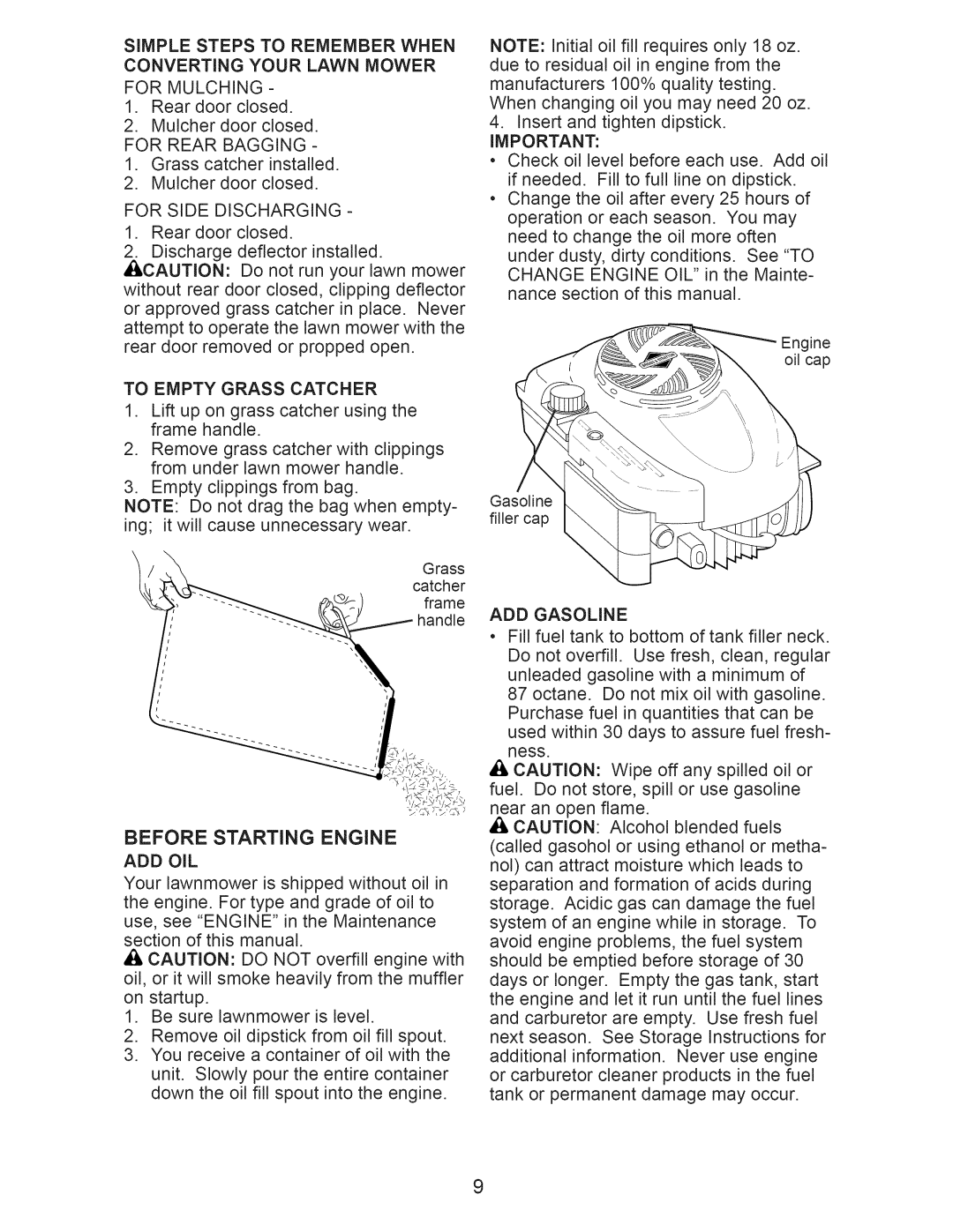 Craftsman 917.389052 owner manual Before Starting Engine, For Rear Bagging, To Empty Grass Catcher, ADD Gasoline 