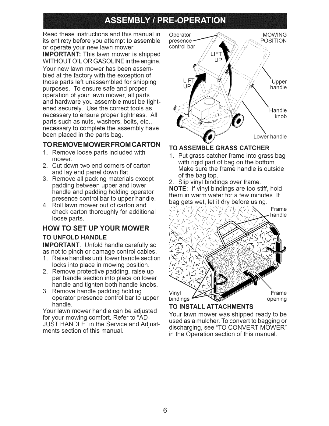 Craftsman 917.389052 owner manual Now To Set Up Your Mower, To Remove Mower From Carton 