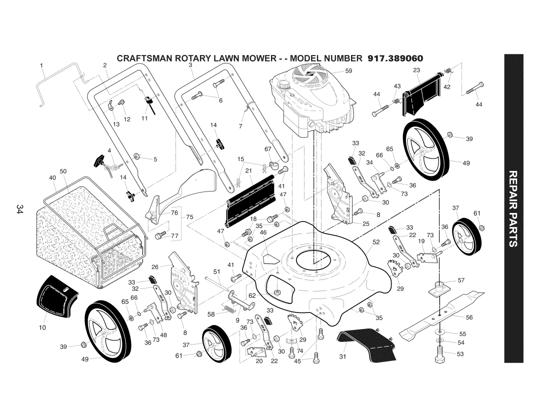 Craftsman 917.389060 manual Craftsman Rotary Lawn Mower - - Model Number 