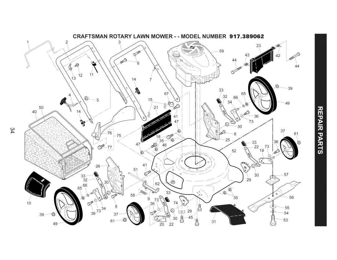 Craftsman 917.389062 owner manual Craftsman Rotary Lawn Mower - - Model Number 