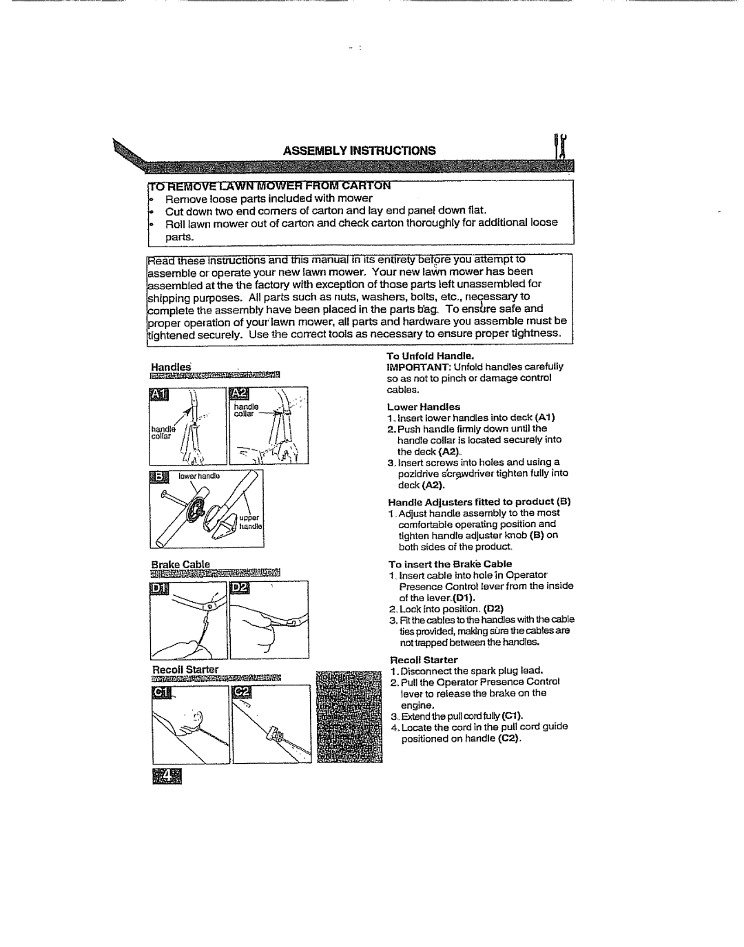 Craftsman 917.38919 Assembly Instructions, Upper Brake Cable Recoil Starter To Unfold Handle, Lower Handles, Engine 