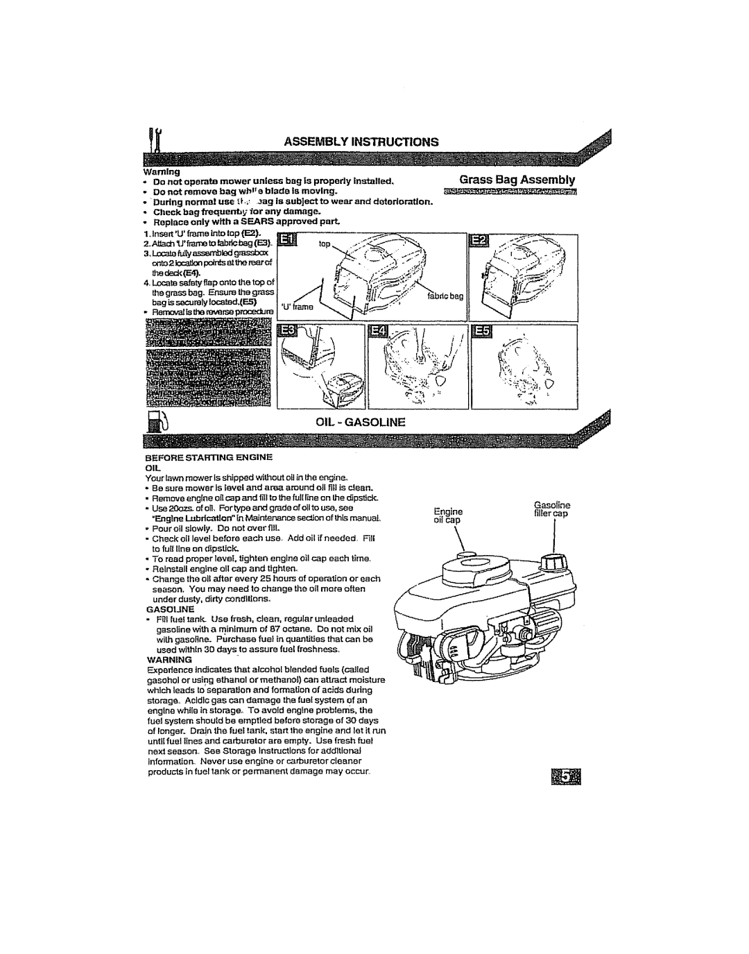 Craftsman 917.38919 owner manual Grass Bag Assembly, Before Starting Engine OIL 