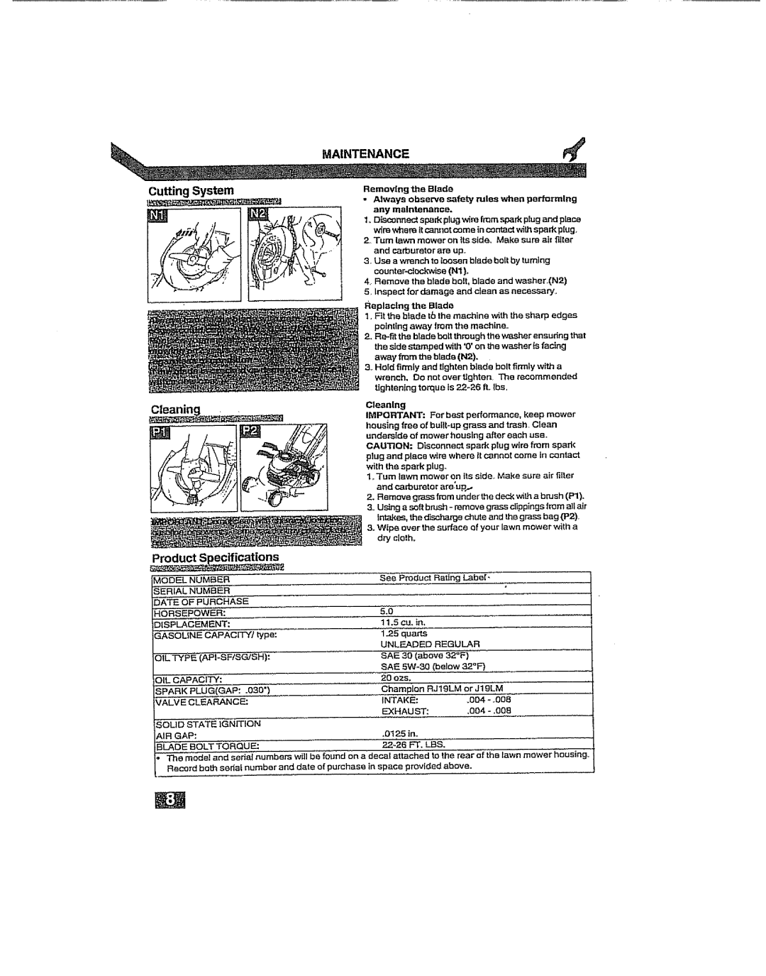 Craftsman 917.38919 owner manual Maintenance, Cutting System, Product S Ecifications 