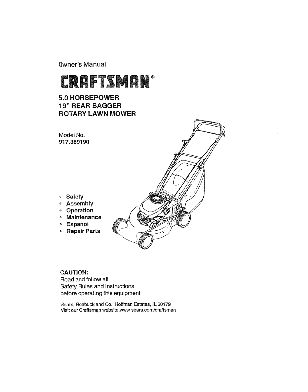 Craftsman 917.38919 owner manual oSafety Assembly, Operation, oMaintenance, oEspanol, Repair Parts, OwnersManual, Model No 