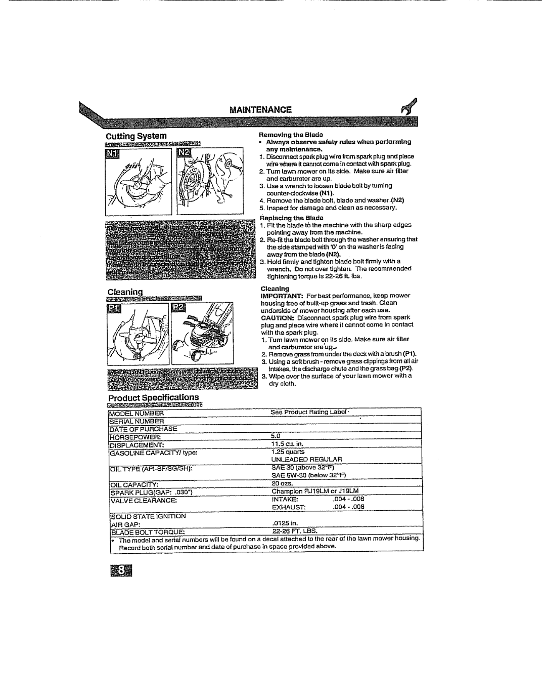 Craftsman 917.38919 owner manual Maintenance, Cutting System, Product S, ecifications 