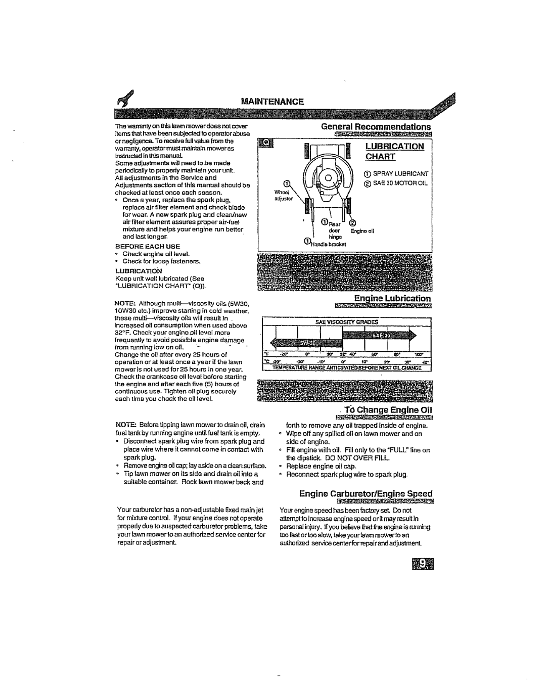 Craftsman 917.38919 owner manual General Recommendations LUBRICATION CHART, • TO Change Engine Oil, Engine C, Maintenance 