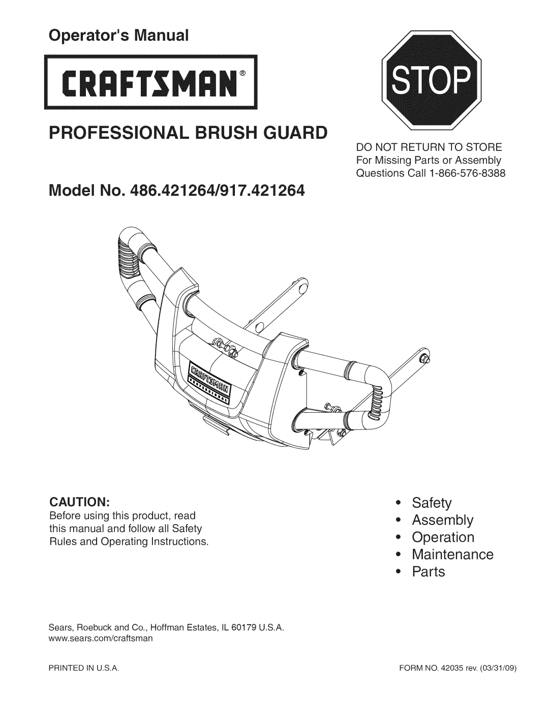 Craftsman manual Model No. 486.421264/917.421264, Safety Assembly Operation Maintenance Parts, Professional Brush Guard 