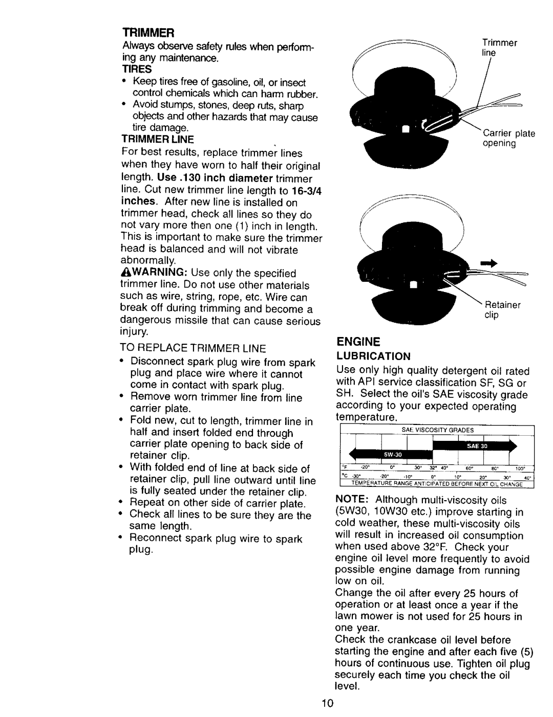 Craftsman 917.77341 owner manual Tires, To Replace Trimmer Line, Engine Lubrication 