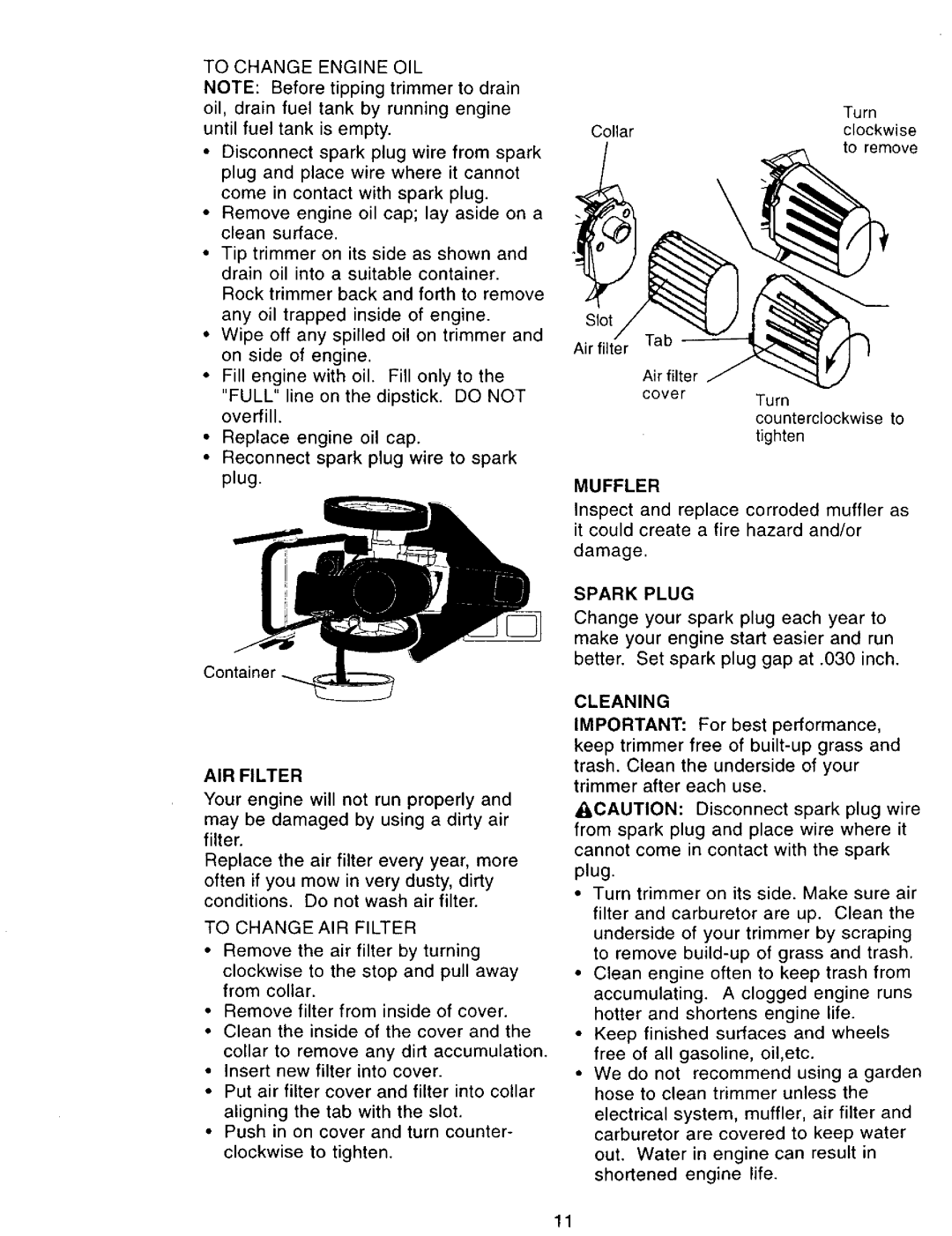 Craftsman 917.77341 owner manual AIR Filter, Muffler, Cleaning 