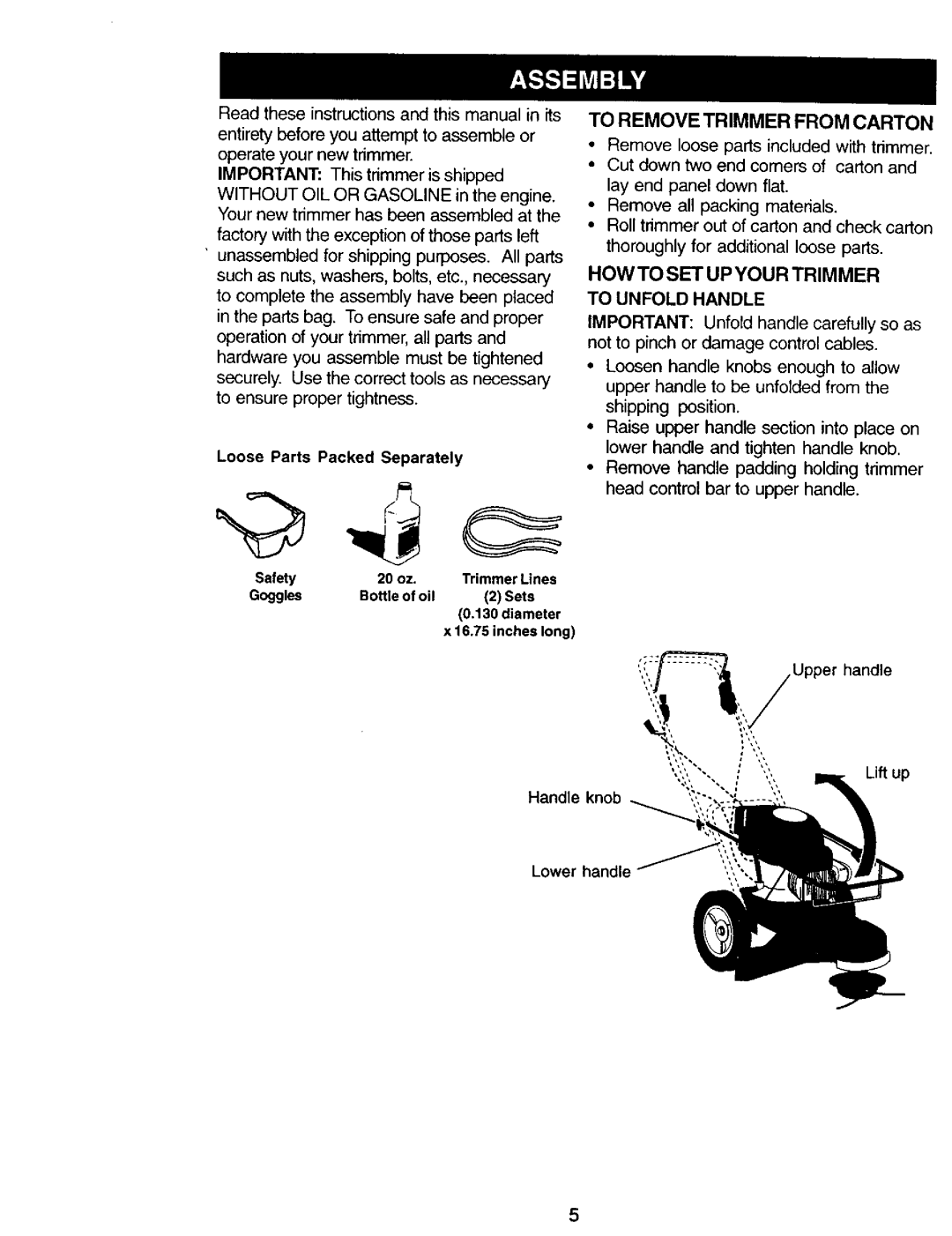 Craftsman 917.77341 owner manual HOW to SET UP Your Trimmer, To Remove Trimmer from Carton, To Unfold Handle 