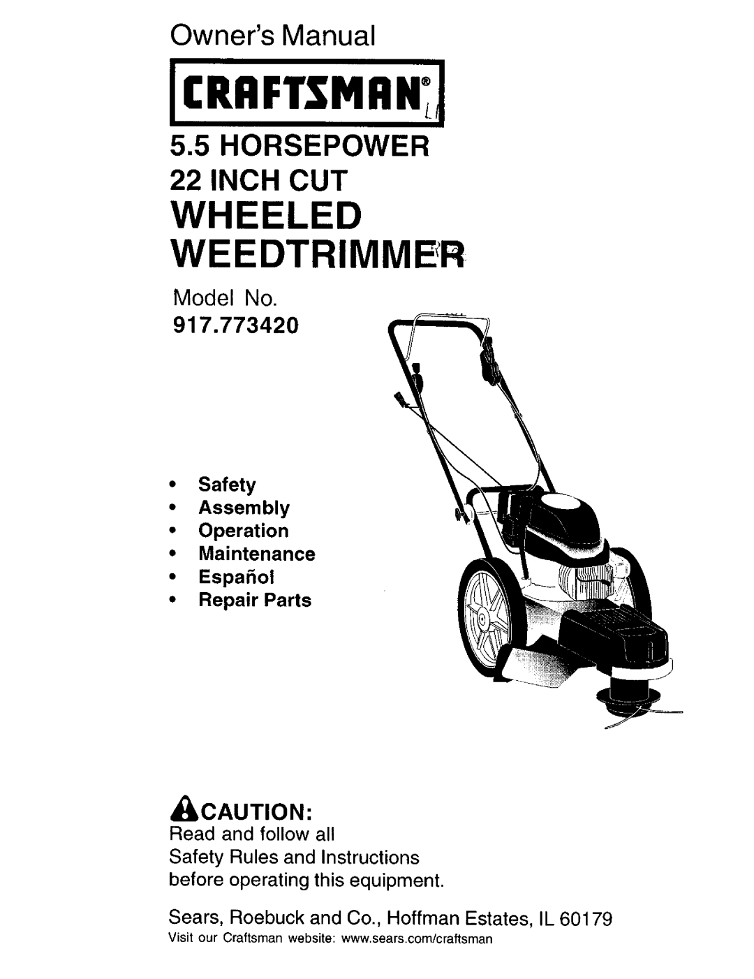 Craftsman 917.77342 owner manual Wheeled Weedtrimmer 