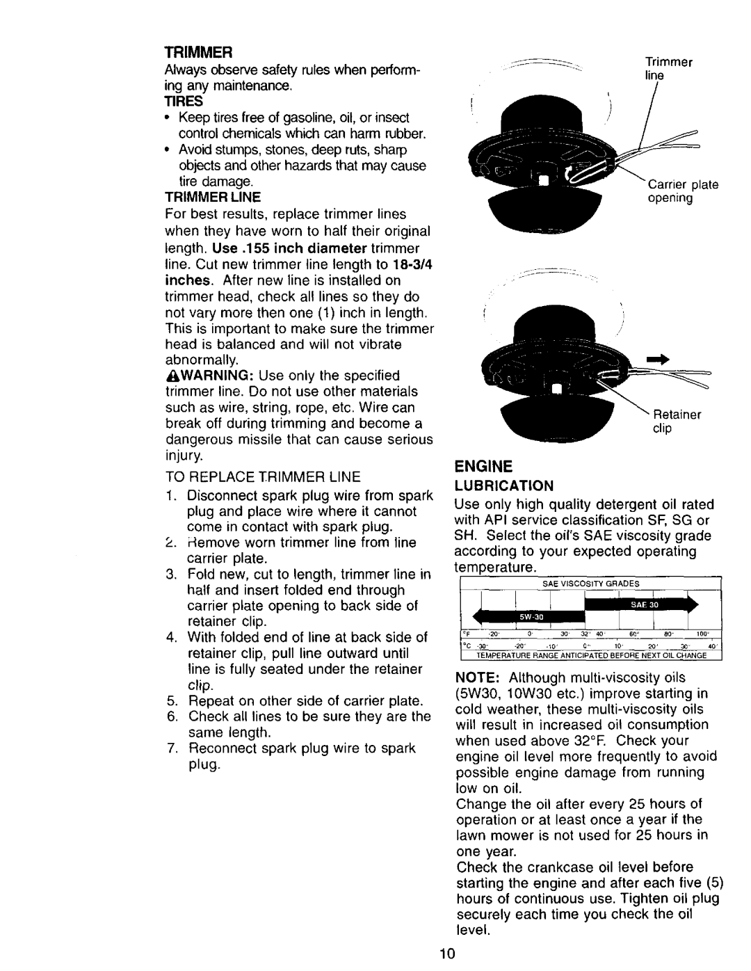 Craftsman 917.77342 owner manual Tires, To Replace Trimmer Line 