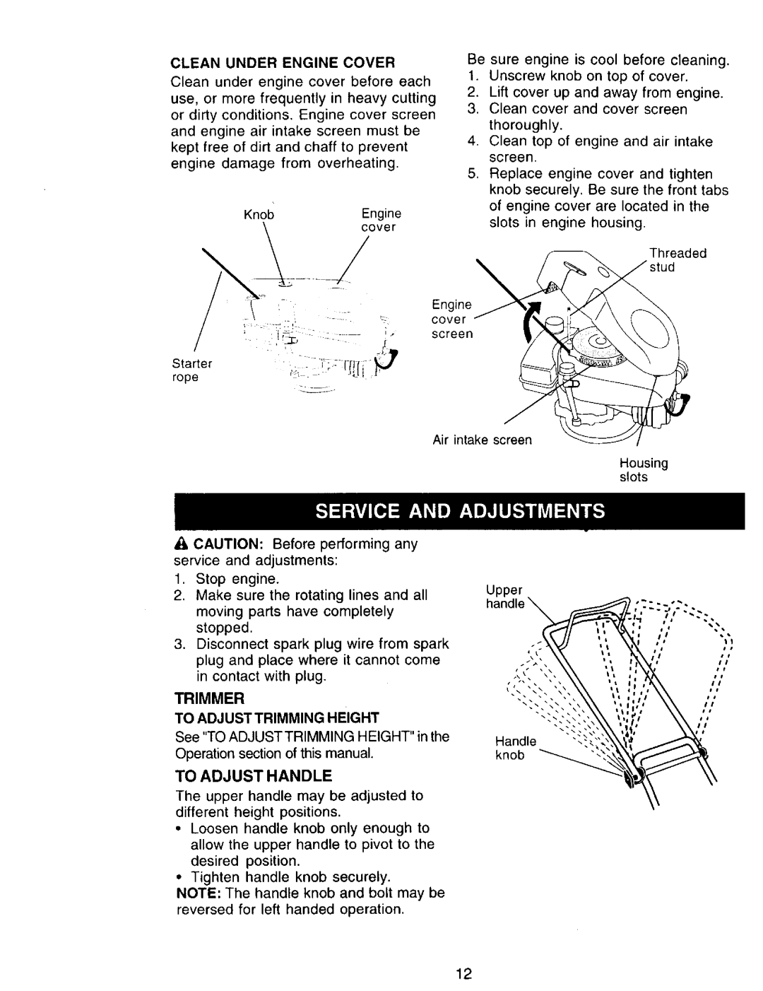 Craftsman 917.77342 owner manual Trimmer, To Adjust Handle, Clean Under Engine Cover 