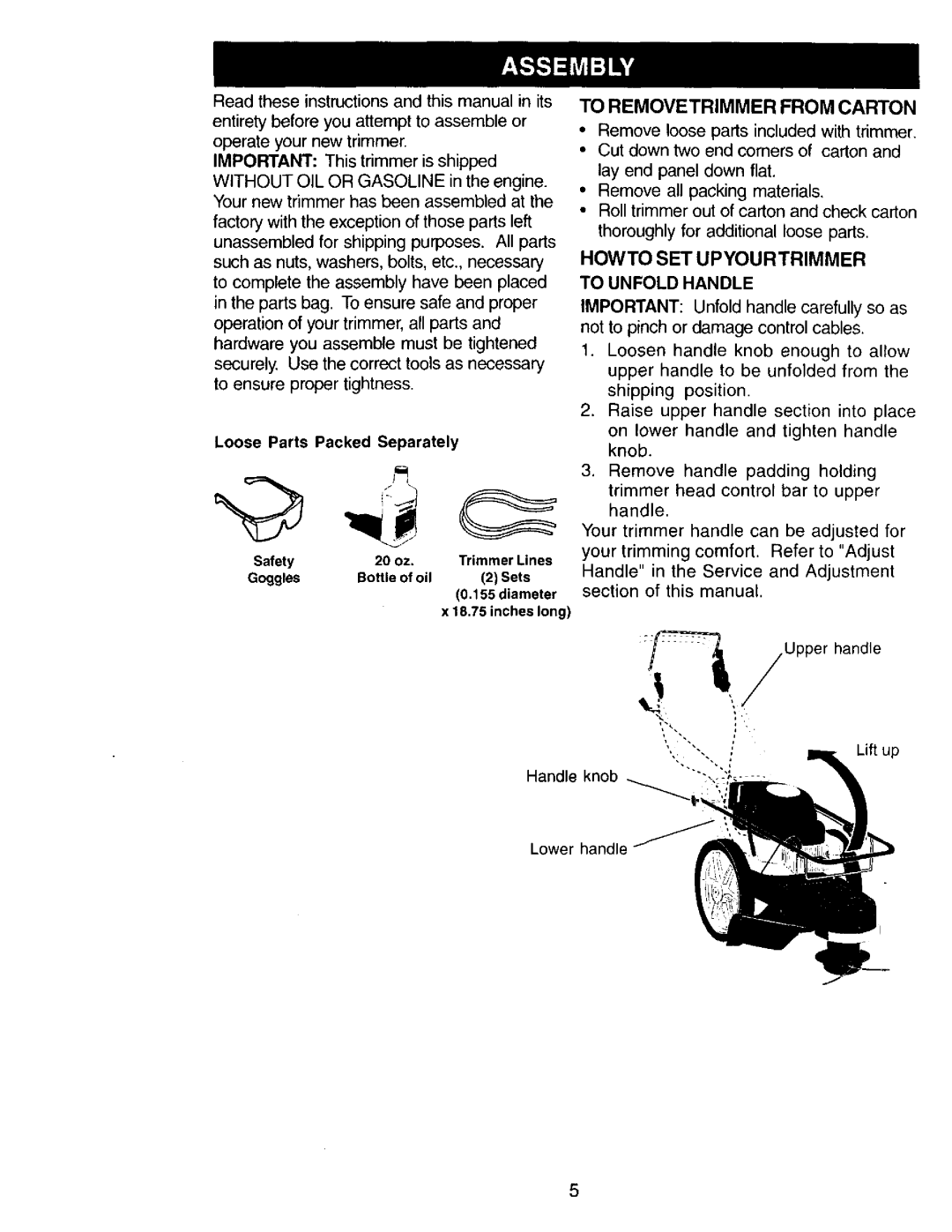 Craftsman 917.77342 owner manual To Removetrimmer from Carton, Howto SET Upyourtrimmer, To Unfoldhandle 