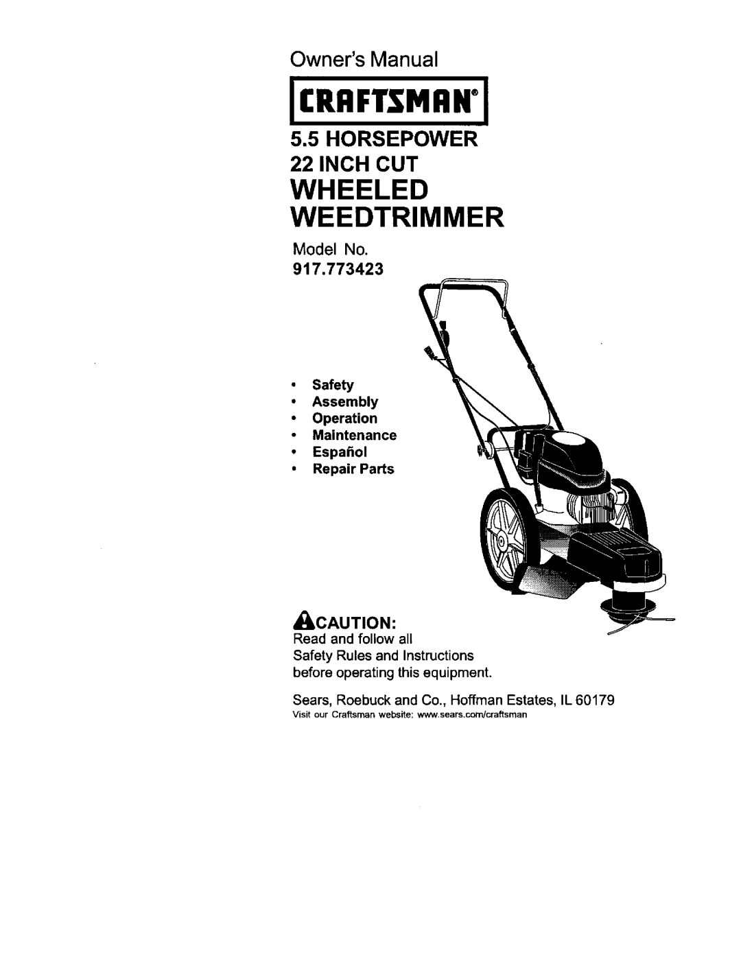 Craftsman 917.773423 owner manual Wheeled Weedtrimmer 