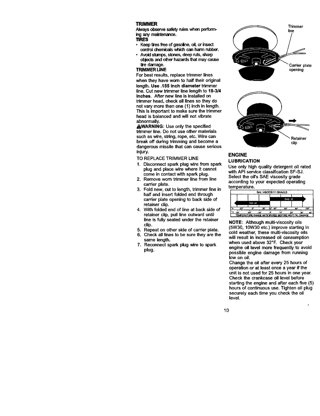 Craftsman 917.773423 owner manual Tires, Trimmerune, To Replace Trimmer Line, Engine Lubrication 