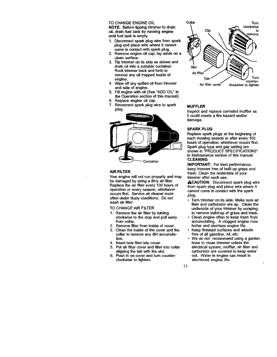 Craftsman 917.773423 owner manual Muffler, Spark Plug, Cleaning, AIR Filter 