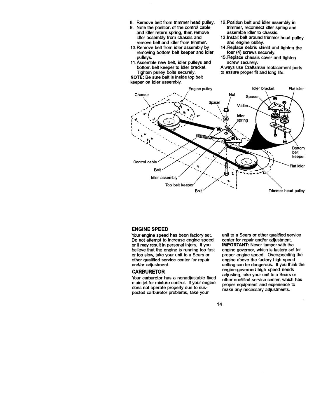 Craftsman 917.773423 owner manual Engine Speed, Carburetor 